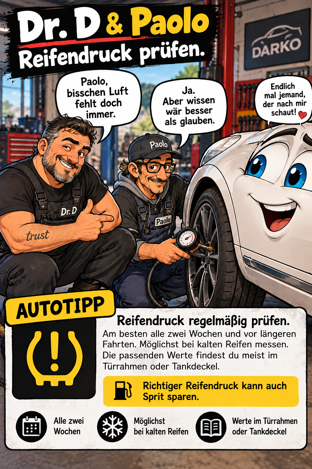 Dr. D und Paolo: Werkstatt-Comic zum Reifendruck