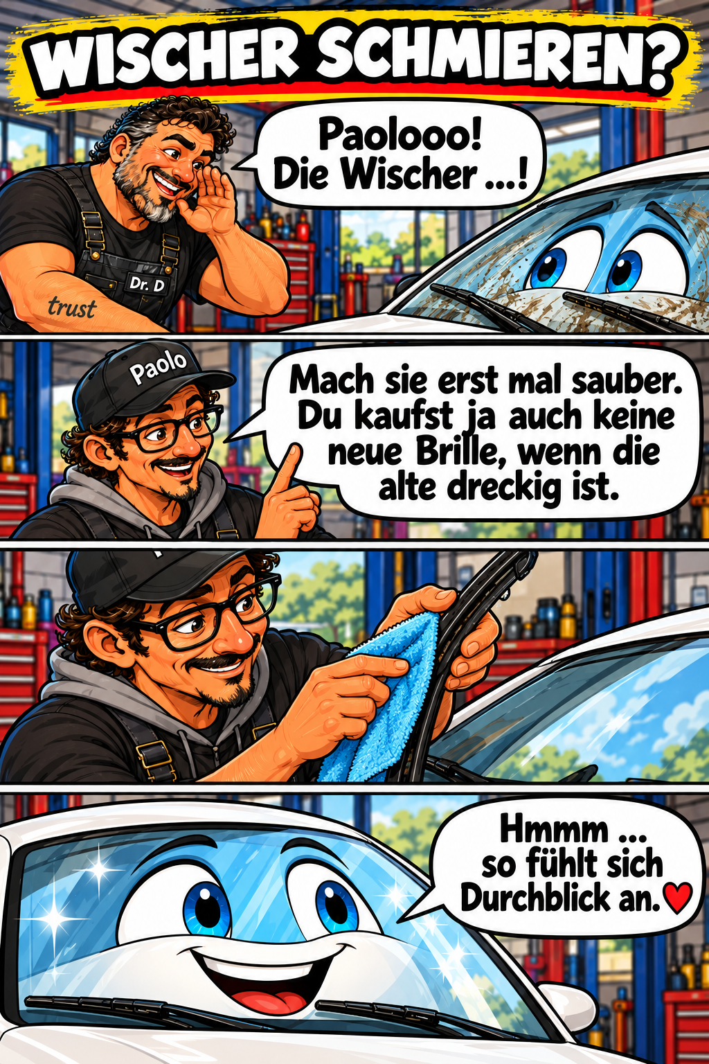 Dr. D ruft Paolo wegen schmierender Wischer. Paolo empfiehlt erst zu reinigen, putzt den Wischer mit einem Tuch und das weiße Auto freut sich über Durchblick.
